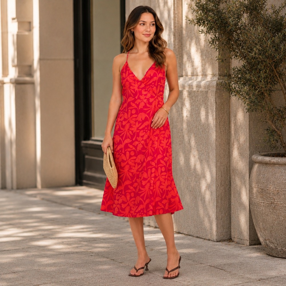 MARINE LAYER Women's MEDIUM New Archive Emma Midi Dress Wrap Pink Orange Floral